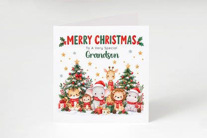 Jungle Animals Christmas Card for Grandson - Cute Safari Animals Design