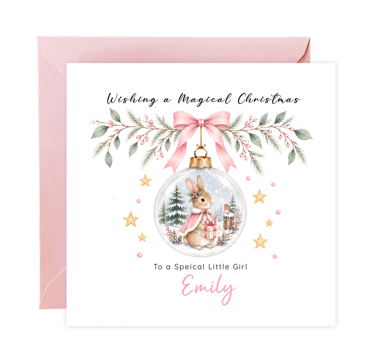 Personalised Christmas Card for Girls – Bunny in a Christmas Bauble