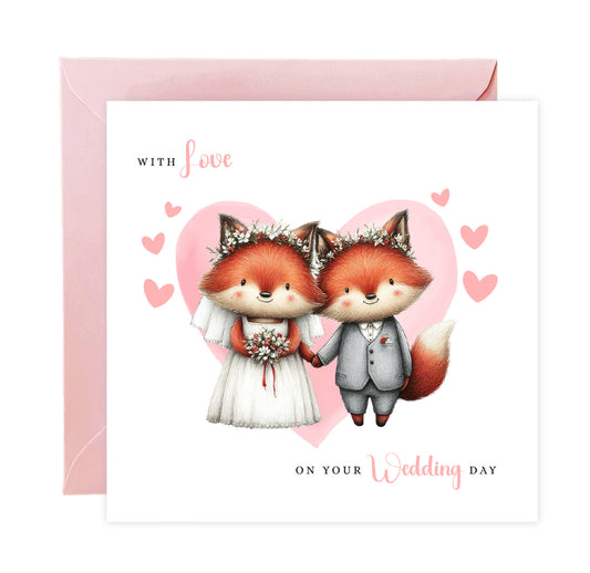 Cute Fox Wedding Card – Wedding Congratulations Card – Adorable Animal Wedding Card – Romantic Wedding Day Card for Newlywed couples, Animal Lovers, Him or Her – Pink Envelope Included