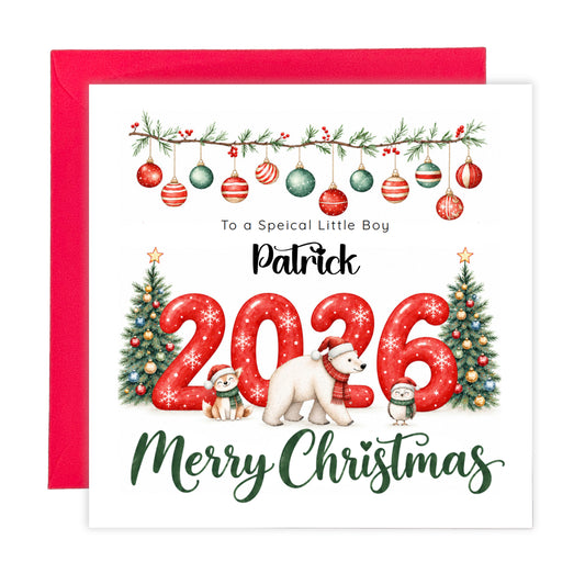 Personalised 2026 Christmas Card for Kids - Customised Name & Animals Design – 2026 Xmas Card for Niece, Nephew, 2nd, 3rd,1st Xmas Card for Baby Boy, Baby Girl, Grandkids,Friend- Red Envelope Included