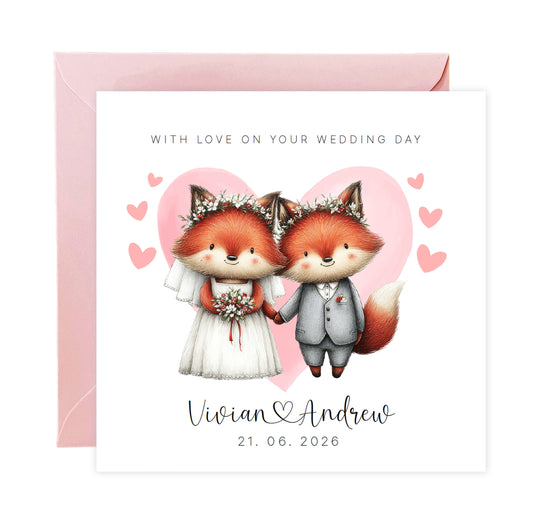 Personalised Wedding Card with Custom Couple's Names & Wedding Date – Cute Fox Design - Wedding Congratulations Card for Newlywed couples, Animal Lovers, Him or Her - Pink Envelope Included