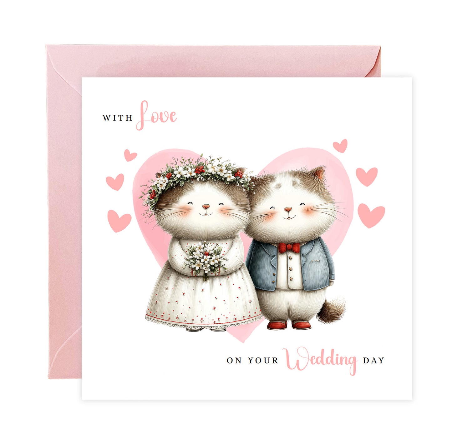 Cute Cat Wedding Card – Wedding Congratulations Card – Adorable Animal Wedding Card – Romantic Wedding Day Card for Newlywed couples, Animal Lovers, Him or Her – Pink Envelope Included