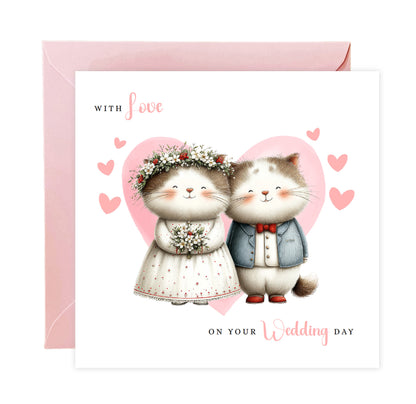 Cute Cat Wedding Card – Wedding Congratulations Card – Adorable Animal Wedding Card – Romantic Wedding Day Card for Newlywed couples, Animal Lovers, Him or Her – Pink Envelope Included
