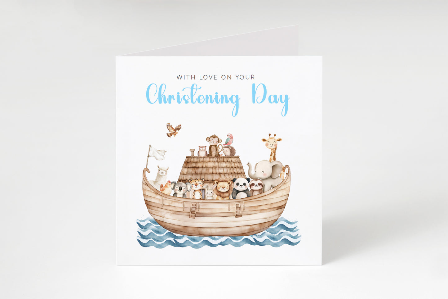 Christening Day Card for Boy – Noah's Ark and Cute Animals Design – With Love on Your Christening Day Religious Baptism Christening Card for Boys, Son, Grandson, Nephew with Blue Envelope