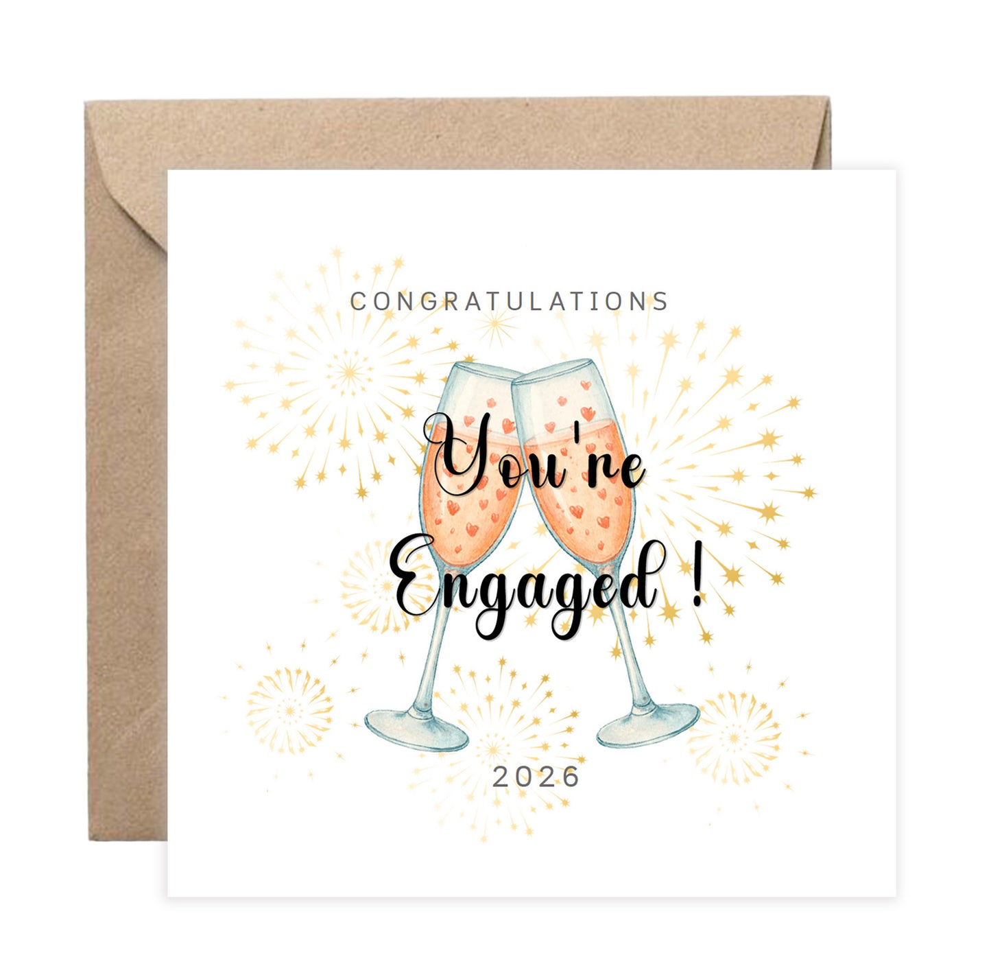 2026 Engagement Card - You’re Engaged Champagne Toast Design - Elegant Fireworks Congratulations Card for Newly Engaged Couple, Him or Her - Kraft Envelope Included