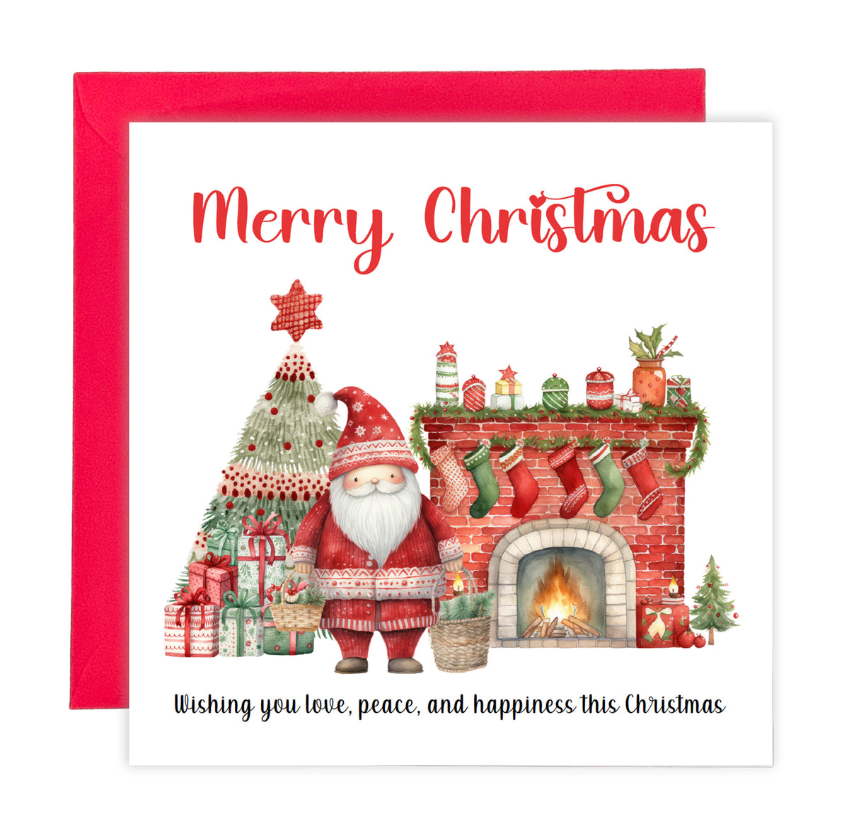 Cute Santa Christmas Greeting Card – Watercolour Festive Fireplace Design