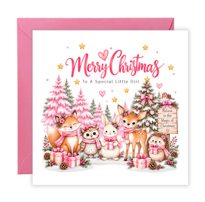 Pink Forest Christmas Card for Girls – Cute Christmas Woodland Animals