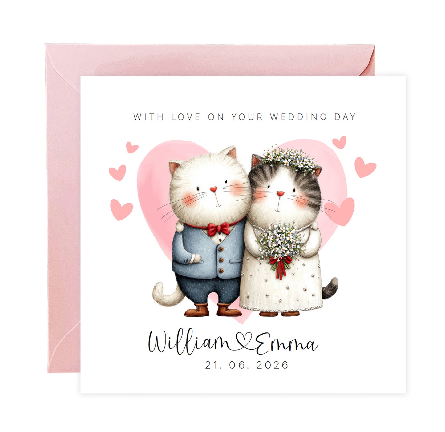 Personalised Wedding Card – Custom Couple's Names & Wedding Date – Cute Cats Design - Wedding Congratulations Card for Newlywed couples, Cat Lovers, Him or Her - Pink Envelope Included