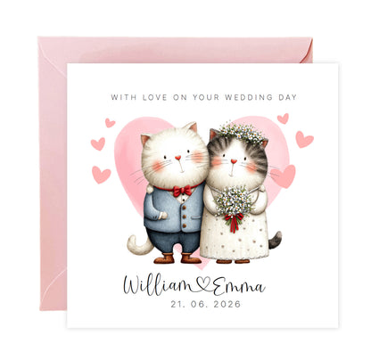 Personalised Wedding Card – Custom Couple's Names & Wedding Date – Cute Cats Design - Wedding Congratulations Card for Newlywed couples, Cat Lovers, Him or Her - Pink Envelope Included