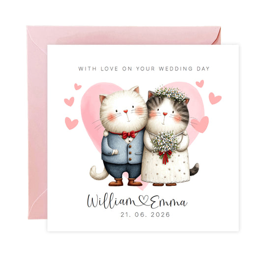 Personalised Wedding Card – Custom Couple's Names & Wedding Date – Cute Cats Design - Wedding Congratulations Card for Newlywed couples, Cat Lovers, Him or Her - Pink Envelope Included