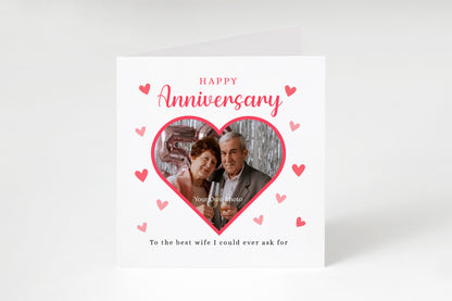 Personalised Photo Anniversary Card - Heart-shaped Photo Frame Design - Custom Message & Photo for Wedding, Dating, Relationship Milestone, Wife, Husband, Partner, Couple - Red Envelope Included