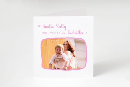 Personalised Photo Godmother Proposal Card -  Will You Be My Godmother Card with Custom Name and Photo - Elegant Personalised Baptism Christening Day Proposal Card - Pink Envelope Included