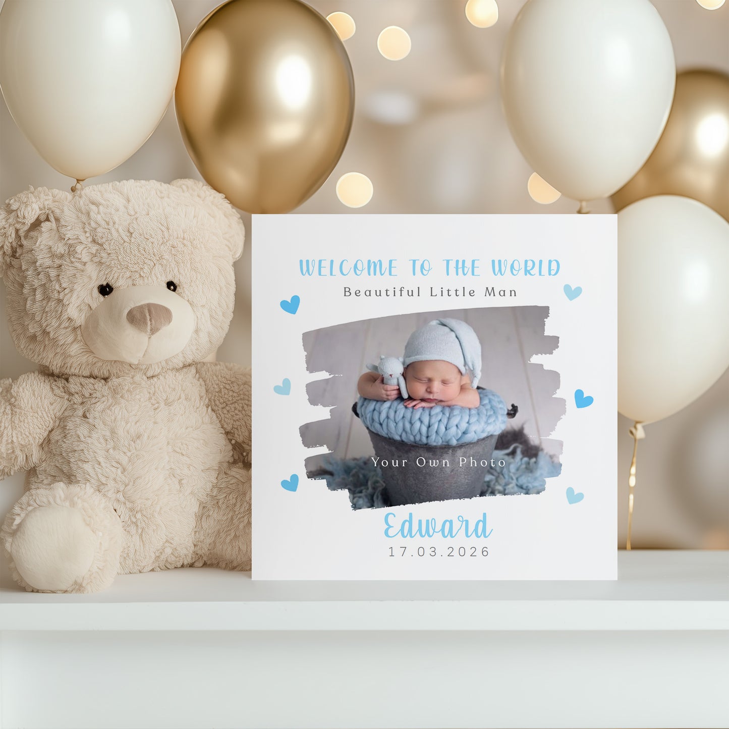 Personalised Photo New Baby Boy Card Congratulations for Newborn Boy, Welcome To The World Card for Son, Grandson, Nephew, Brush Stroke Photo Frame Design with Custom Name & Date with Blue Envelope