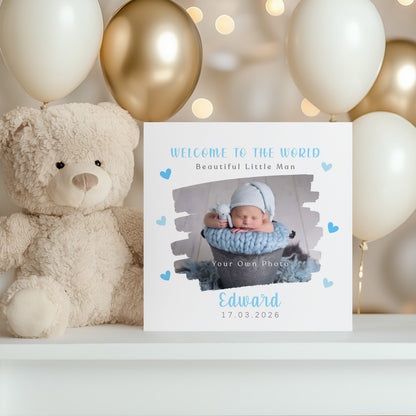 Personalised Photo New Baby Boy Card Congratulations for Newborn Boy, Welcome To The World Card for Son, Grandson, Nephew, Brush Stroke Photo Frame Design with Custom Name & Date with Blue Envelope