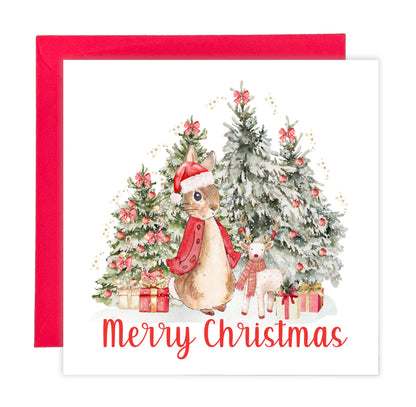 Happy Christmas Card for Girls – Red Rabbit and Christmas Trees