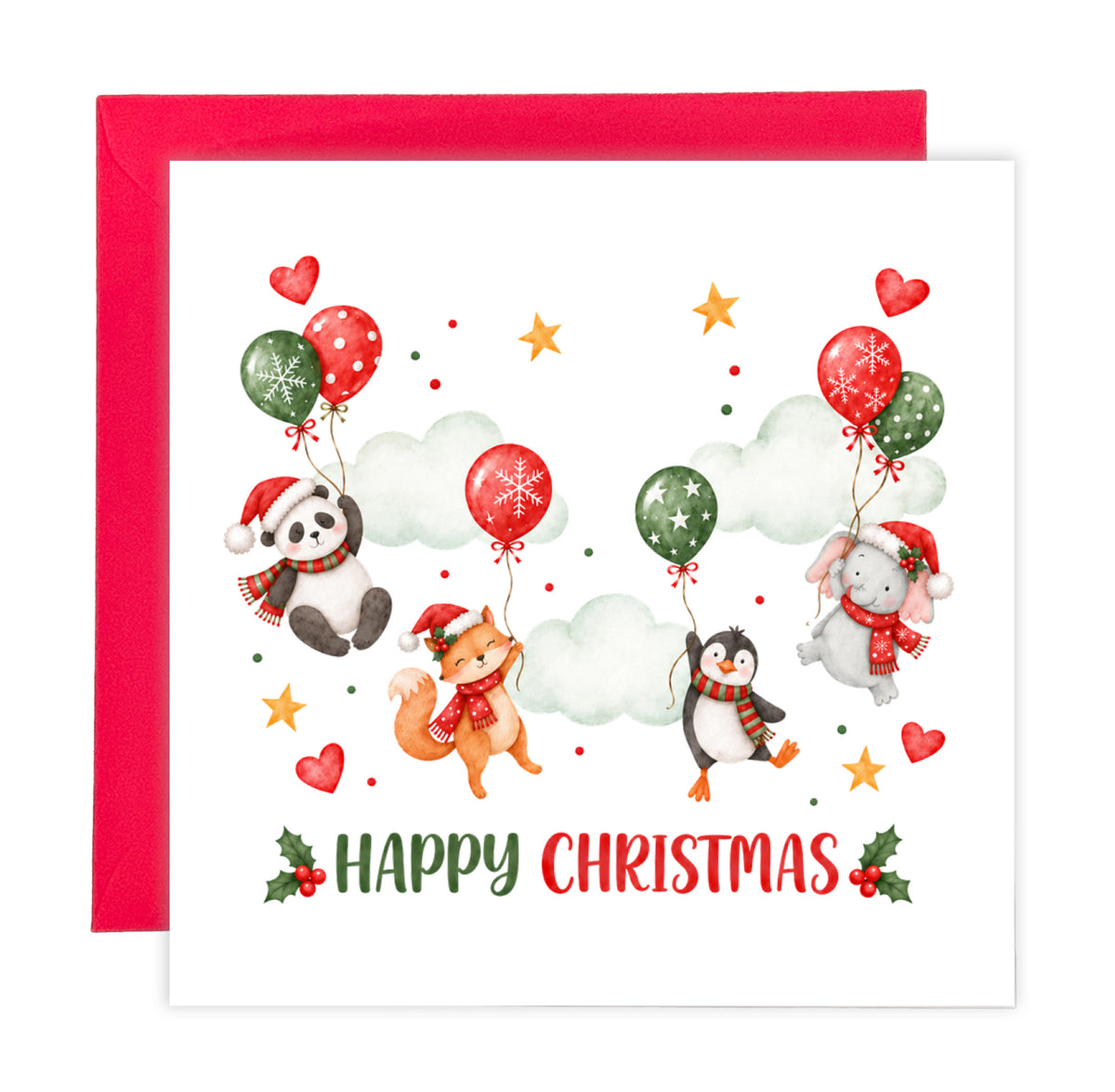 Cute Animal Christmas Card – Panda, Fox, Penguin & Elephant