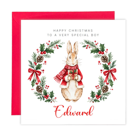 Personalised Christmas Card for a Special Boy – Festive Christmas Bunny