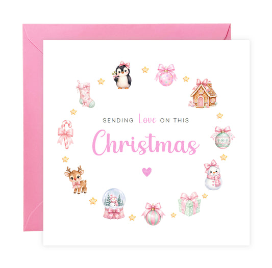 Pastel Pink Christmas Card for Girls – Cute Animals & Festive Xmas Design