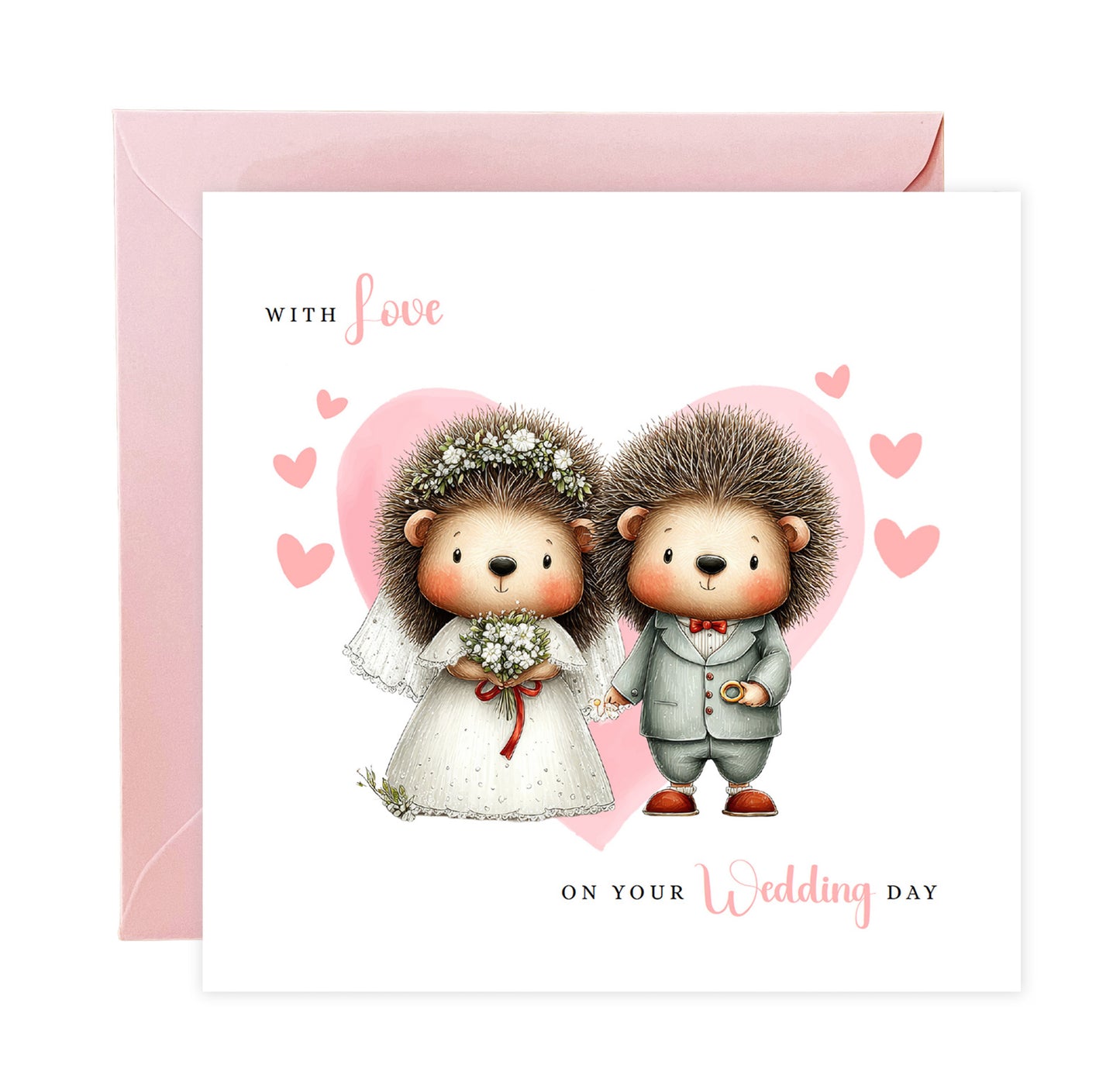 Cute Hedgehog Wedding Card – Wedding Congratulations Card – Adorable Animal Wedding Card – Romantic Wedding Day Card for Newlywed couples, Animal Lovers, Him or Her – Pink Envelope Included