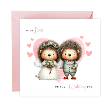 Cute Hedgehog Wedding Card – Wedding Congratulations Card – Adorable Animal Wedding Card – Romantic Wedding Day Card for Newlywed couples, Animal Lovers, Him or Her – Pink Envelope Included