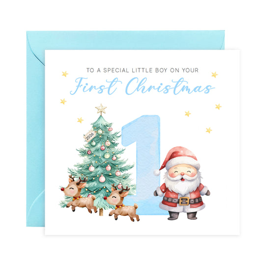 Happy 1st Christmas Card for Baby Boy – Cute Santa, Reindeer and  Christmas Tree Design - Watercolor First Xmas Card for Son, Grandson, Nephew - Blue  Envelope Included