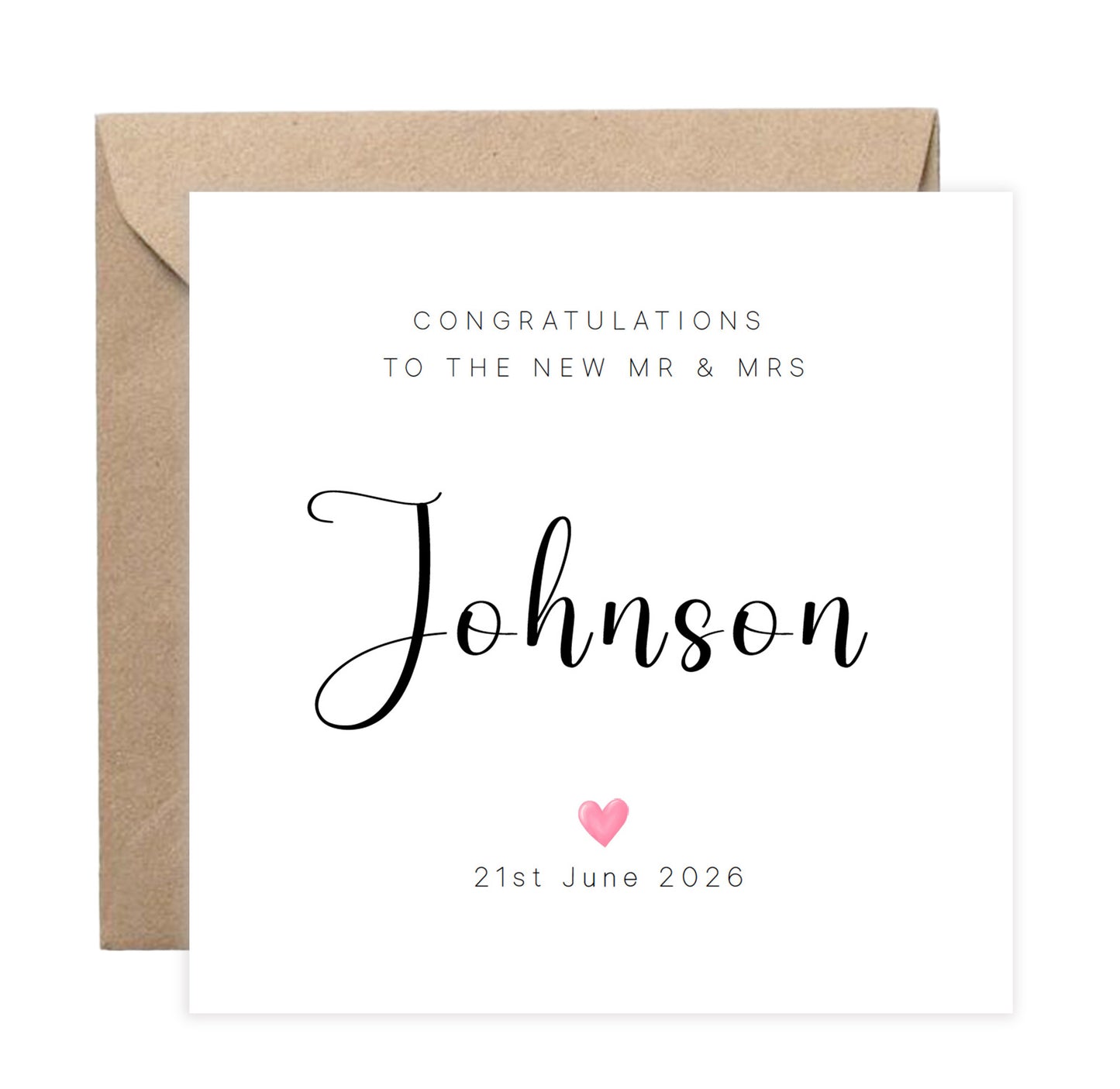Personalised Wedding Card with Couple's Surname & Date – Minimalist Mr & Mrs Card – Elegant Script Surname Wedding Card – Modern Newlywed Congratulations Card for Him or Her - Kraft Envelope Included