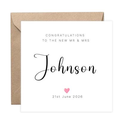 Personalised Wedding Card with Couple's Surname & Date – Minimalist Mr & Mrs Card – Elegant Script Surname Wedding Card – Modern Newlywed Congratulations Card for Him or Her - Kraft Envelope Included