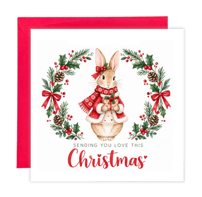 Merry Christmas Card for Girls – Festive Bunny and Xmas Wreath
