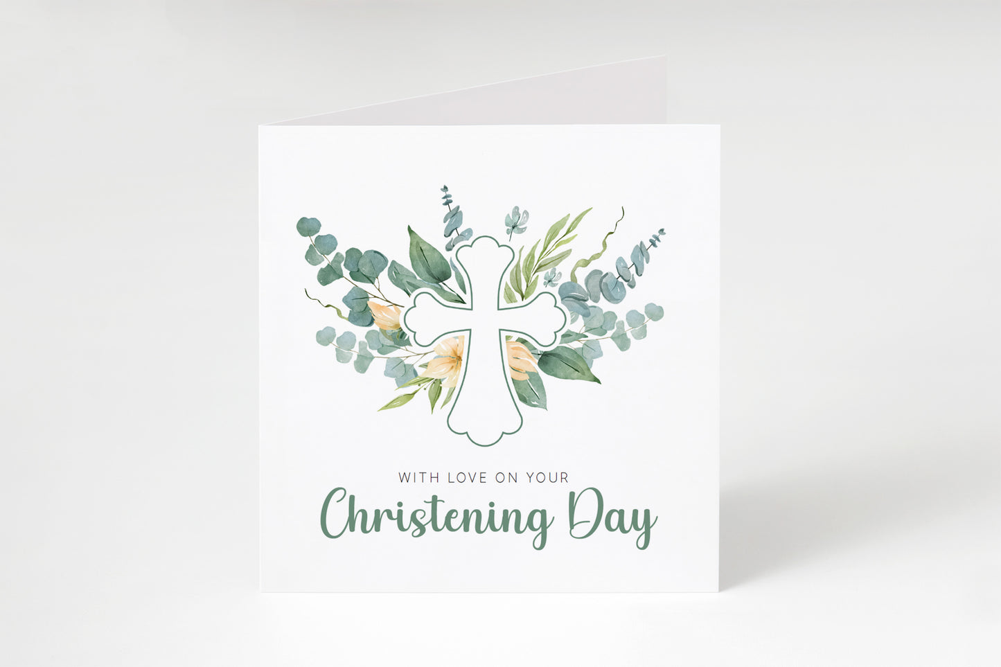 Christening Day/ Baptism Card for Boys or Girls - Elegant Religious Baptism Card with Cross & Greenery for Son, Daughter, Grandson, Granddaughter, Nephew, Niece - Green Envelope Included
