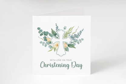 Christening Day/ Baptism Card for Boys or Girls - Elegant Religious Baptism Card with Cross & Greenery for Son, Daughter, Grandson, Granddaughter, Nephew, Niece - Green Envelope Included