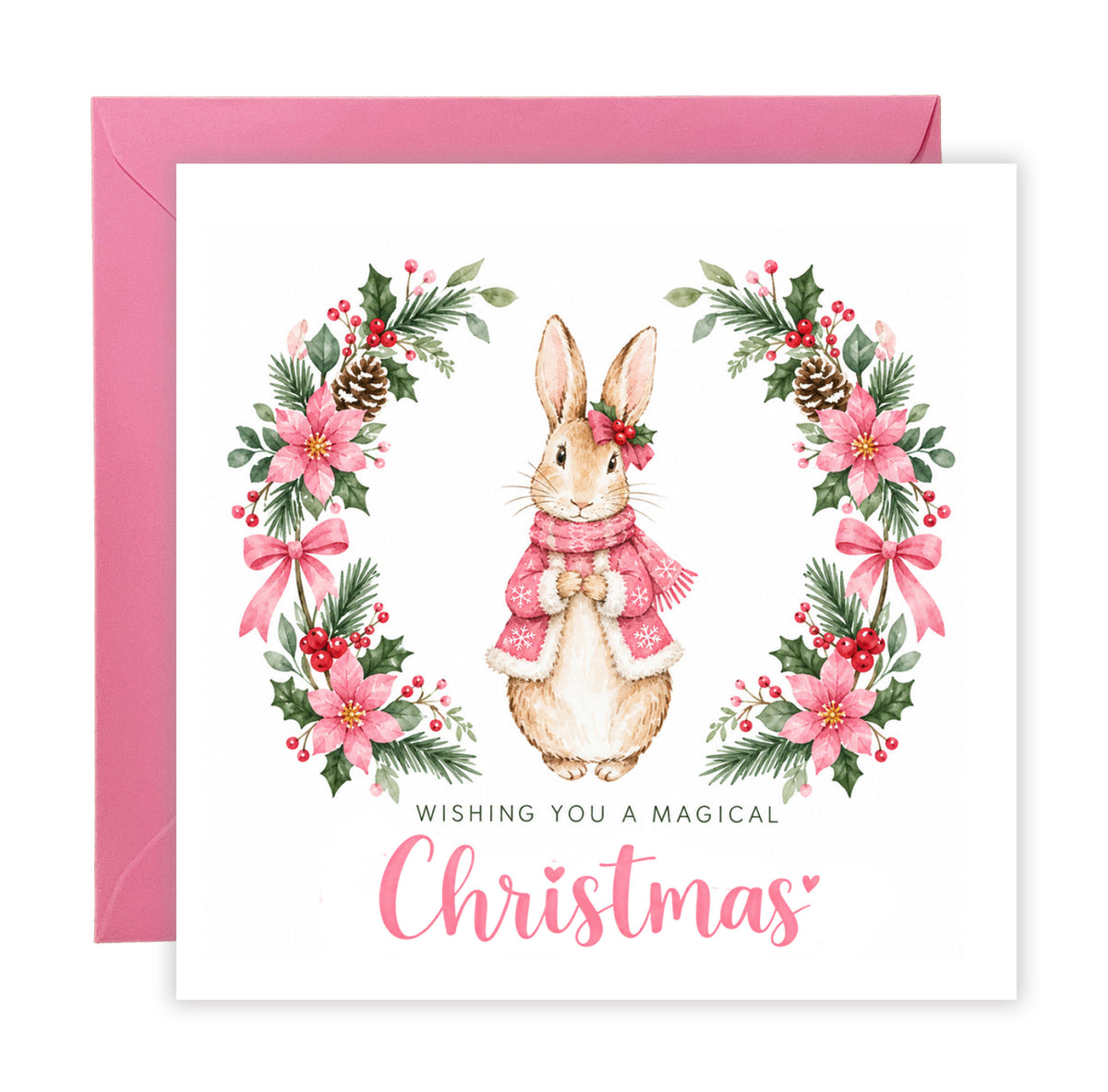 Merry Christmas Card for Girls – Pink Festive Bunny and Xmas Wreath