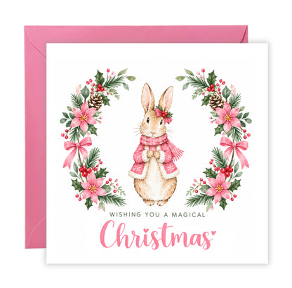 Merry Christmas Card for Girls – Pink Festive Bunny and Xmas Wreath