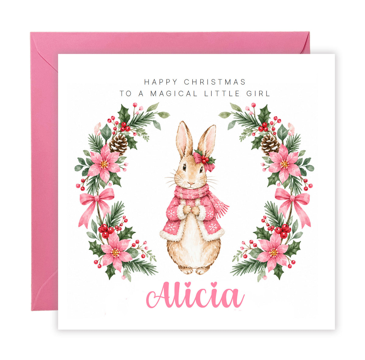 Personalised Christmas Card for Girls – Pink Festive Bunny and Xmas Wreath