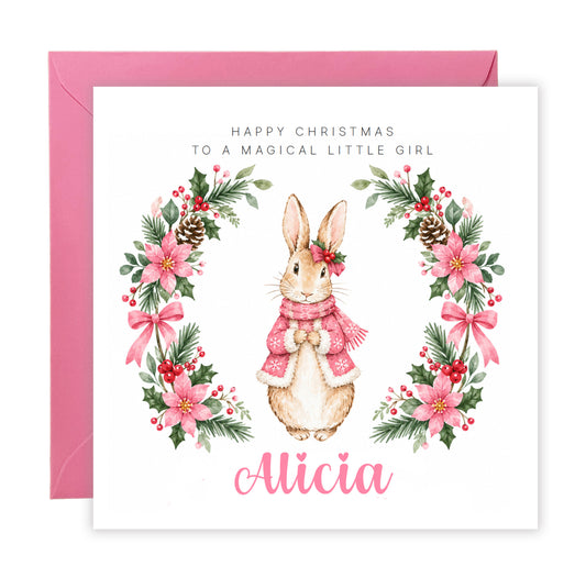 Personalised Christmas Card for Girls – Pink Festive Bunny and Xmas Wreath