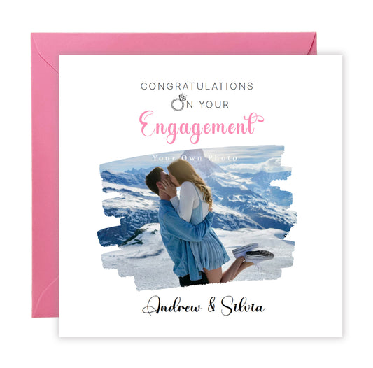 Personalised Photo Engagement Card – Custom Photo & Couple's Names - Brushstroke Photo Frame Design - Congratulations Engagement Card for Newly Engaged Couples - Pink Envelope Included