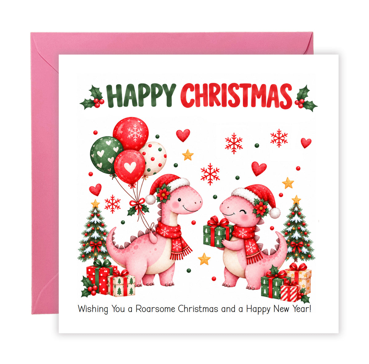 Christmas Card for Girls – Festive Dinosaurs
