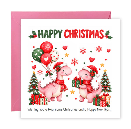 Christmas Card for Girls – Festive Dinosaurs