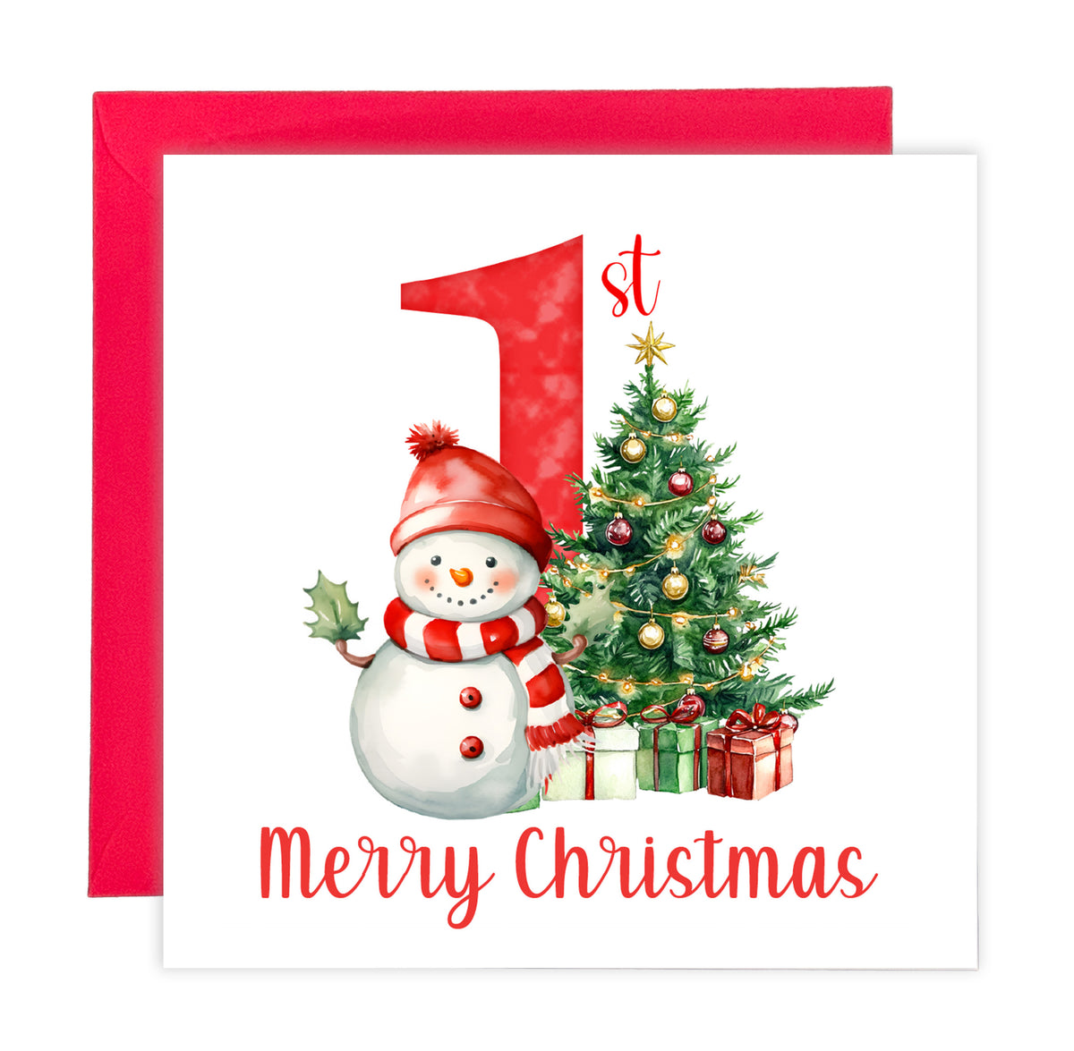 Happy Baby Boy or Baby Girl's First Christmas Card – Snowman and Xmas Tree