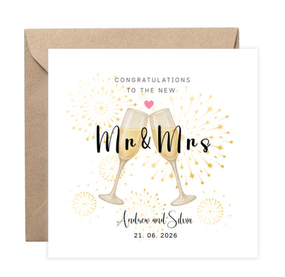 Personalised Mr & Mrs Wedding Card with Custom Couple's Name & Wedding Date – Champagne Toast Design - Wedding Congratulations Card for Newlywed couples, Him or Her - Kraft Envelope Included