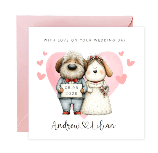 Personalised Wedding Card – Custom Couple's Names & Wedding Date – Cute Dogs Design - Wedding Congratulations Card for Newlywed couples, Dog Lovers, Him or Her - Pink Envelope Included