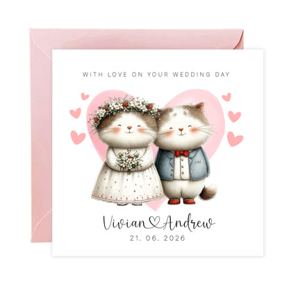 Personalised Wedding Card with Custom Couple's Names & Wedding Date – Cute Cat Design - Wedding Congratulations Card for Newlywed couples, Animal Lovers, Him or Her - Pink Envelope Included