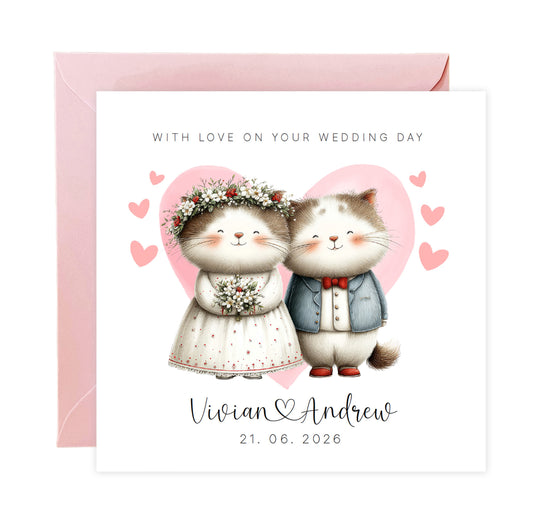 Personalised Wedding Card with Custom Couple's Names & Wedding Date – Cute Cat Design - Wedding Congratulations Card for Newlywed couples, Animal Lovers, Him or Her - Pink Envelope Included