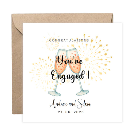 Personalised Engagement Card with Custom Couple's Name & Date – You’re Engaged Champagne Toast Design - Congratulations Card for Couples, Him or Her - Kraft Envelope Included