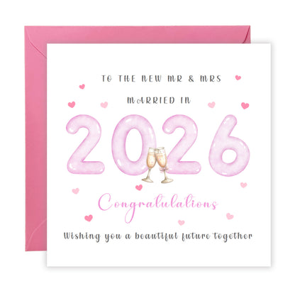 2026 New Mr & Mrs Wedding Card – Pink 2026 Champagne Toast Design – Congratulations Card for Newlyweds – Pink Envelope Included