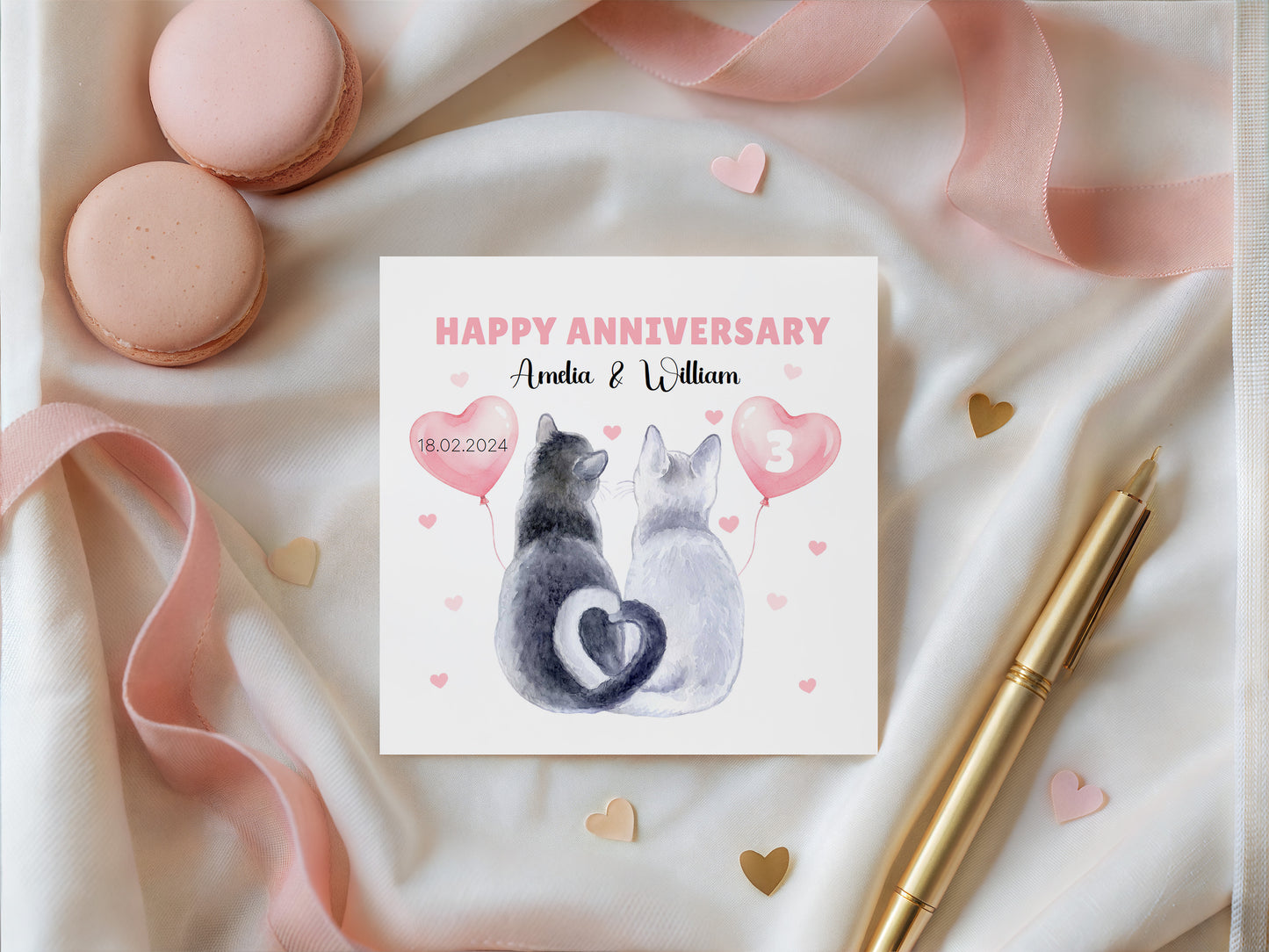 Personalised Cute Cats Anniversary Card - Custom Couple Names, Date and Years of Anniversary for Wedding, 1st, 2nd,10th, 20th - For Cat Lovers, Him, Her, Wife, Husband - Pink Envelope Inclided