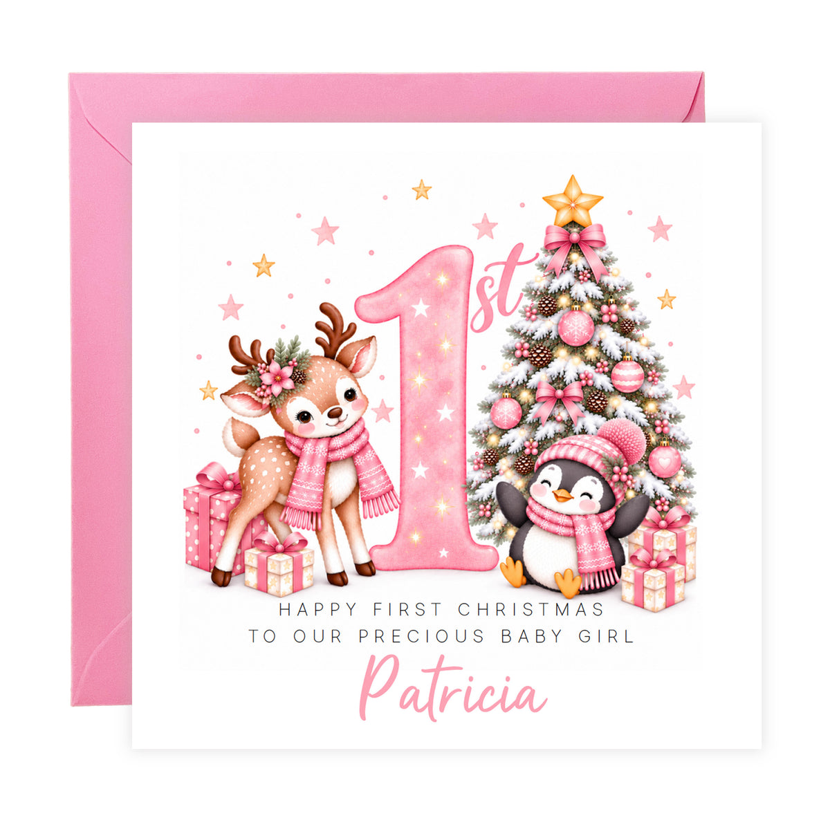 Personalised Baby Girl's 1st Christmas Card – Reindeer & Penguin Christmas Card