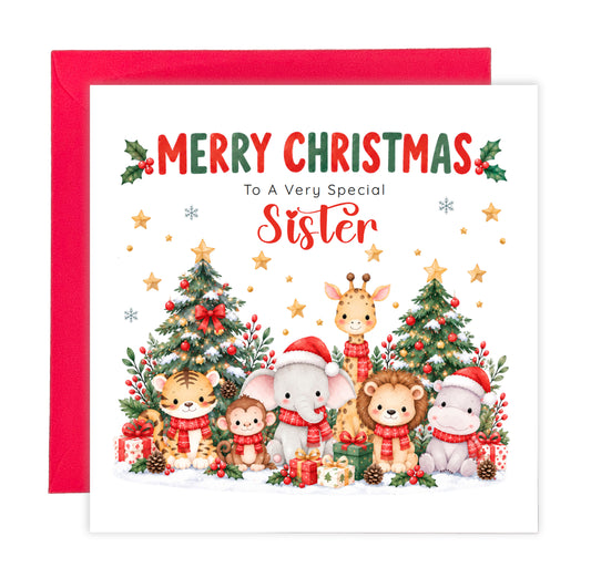 Jungle Animals Christmas Card for Sister - Cute Safari Animals Design