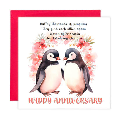 Romantic Penguin Couple Anniversary Card for Wedding, Dating, Relationship Milestones 1st, 2nd, 3rd, 5th, 10th, 20th 30th - For Him, Her, Wife, Husband, Couples - Red Envelope Included