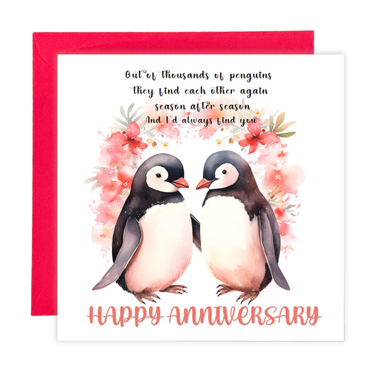 Romantic Penguin Couple Anniversary Card for Wedding, Dating, Relationship Milestones 1st, 2nd, 3rd, 5th, 10th, 20th 30th - For Him, Her, Wife, Husband, Couples - Red Envelope Included