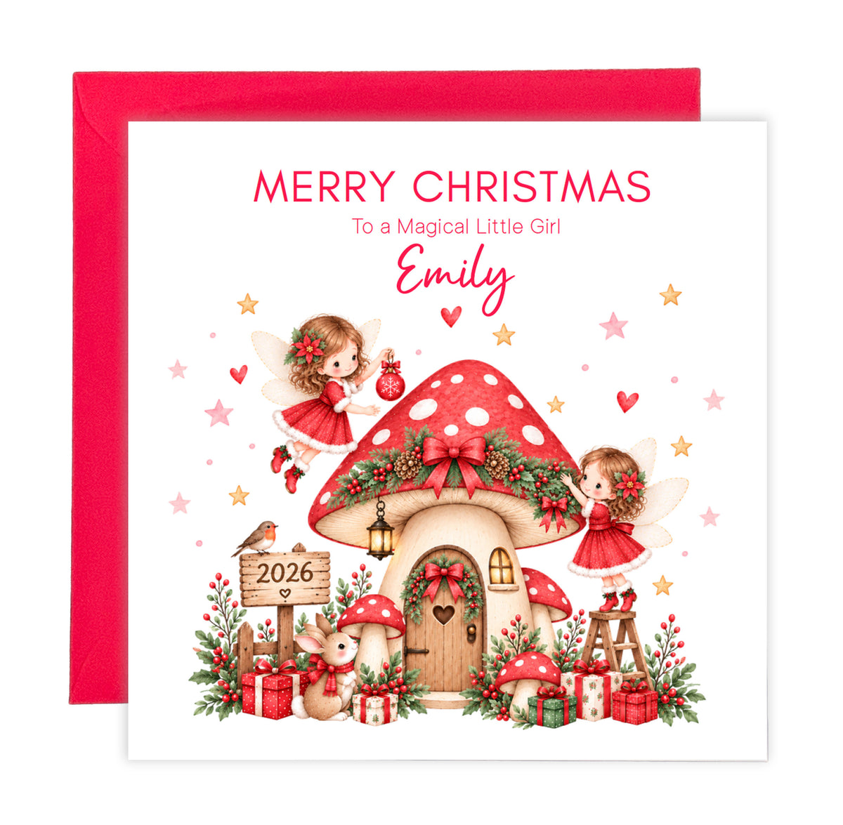 Personalised Red Magical Fairy Christmas Card for Girls